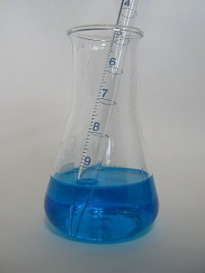 Erlenmeyerkolben mit einer blauen Flüssigkeit und einer Glaspipette